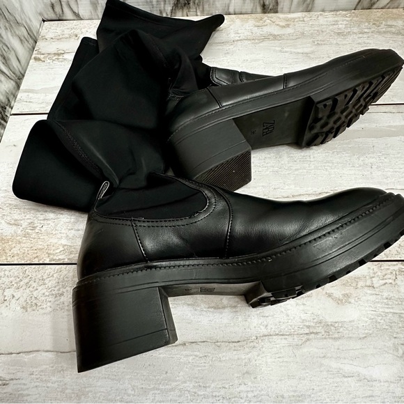 Zara Womens Sz 36 US 6 Black Stretch Knee High Boots Lug Bottom Wide Shaft Moto - Picture 15 of 16